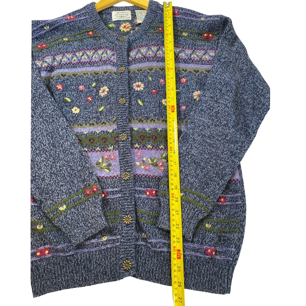 VTG Northern Reflections Blue Floral Embroidered Fair Isle Cardigan Sweater S - Picture 7 of 8